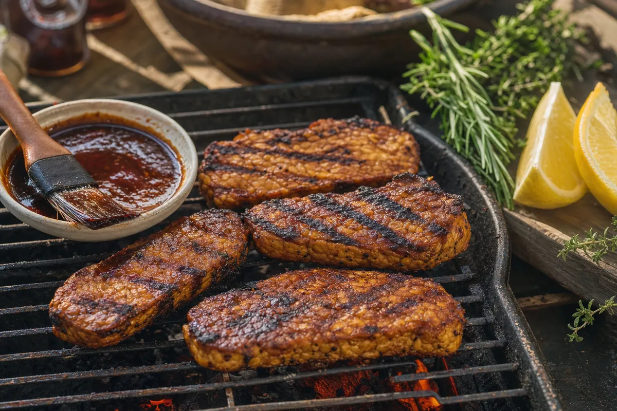 Gegrillter Tempeh mit Grillstreifen auf einem rustikalen Grillrost