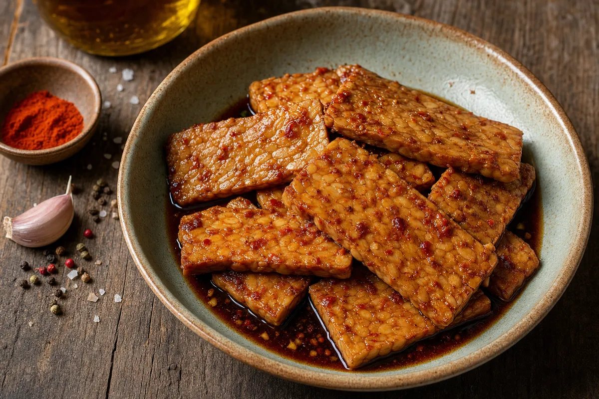 Tempeh-Stücke in würziger Grillmarinade vor dem Grillen
