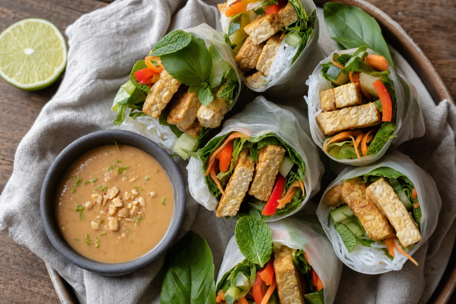 Tempeh-Sommerrollen mit Gemüse, Kräutern und Erdnuss-Limetten-Dip