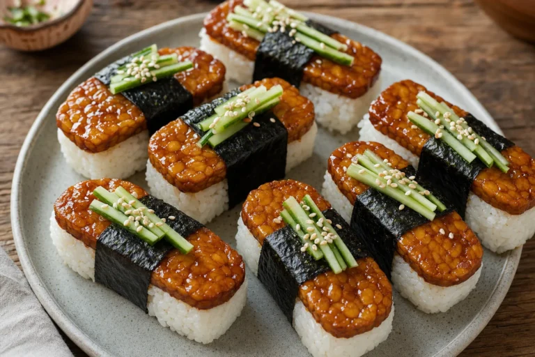 Teriyaki-Tempeh-Musubi mit Sushi-Reis, Nori, Gurke und Sesam