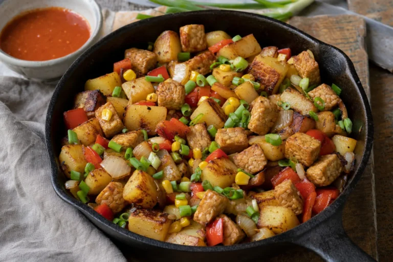 Bratkartoffel-Tempeh-Hash mit Paprika, Mais und Frühlingszwiebeln