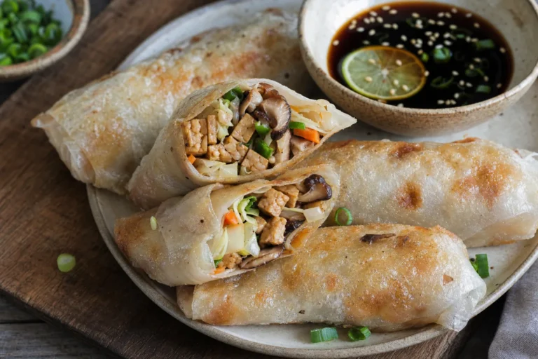 Knusprige Reispapier-Dumplings mit Tempeh, Pilzen, Kohl und Dip