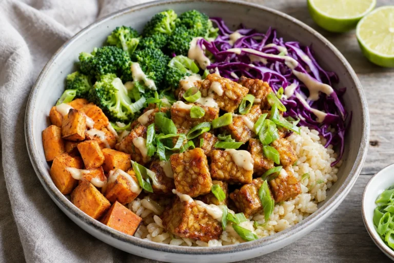 Mandelbutter-Tempeh-Bowl mit Süßkartoffel, Brokkoli, Rotkohl und Reis