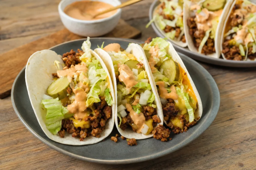 Tempeh-Burger-Tacos mit Pickles, Salat, veganem Käse und Smoky-Sauce