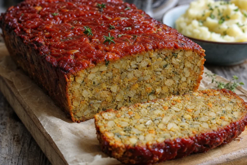 Angeschnittener Tempeh-Linsen-Laib mit Tomaten-Balsamico-Glasur