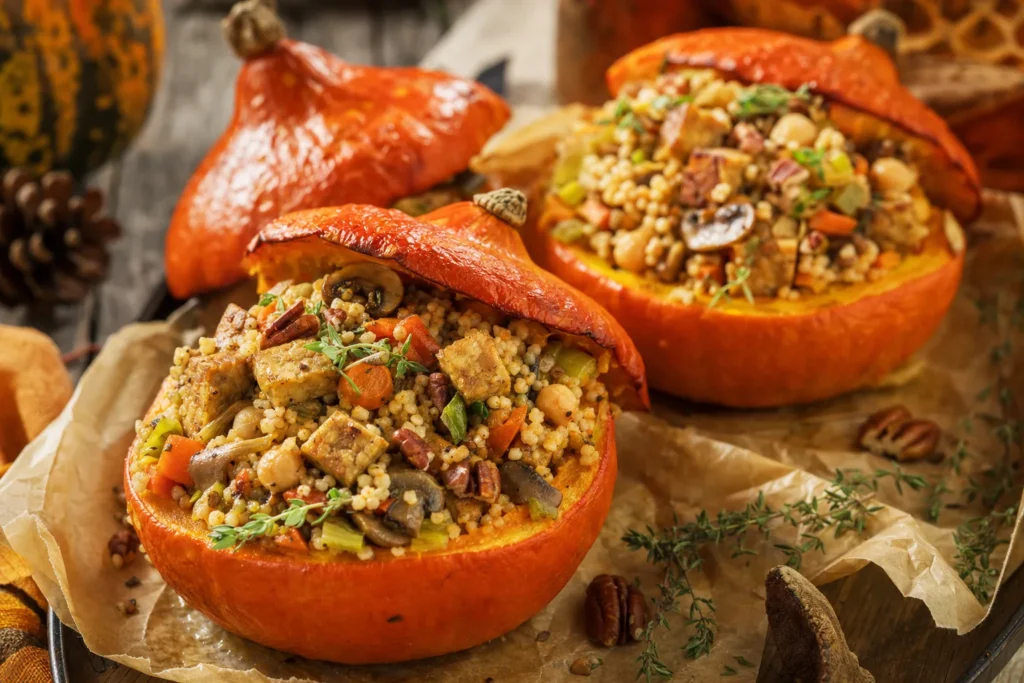 Gefüllter Ofenkürbis mit Tempeh-Couscous, Pilzen, Kichererbsen und Pekannüssen