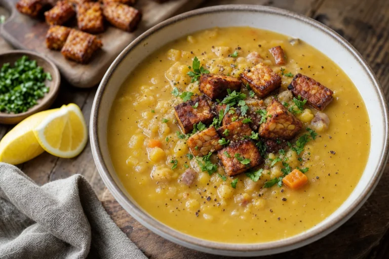 Gelbe Erbsensuppe mit rauchigen Tempeh-Croûtons und Petersilie