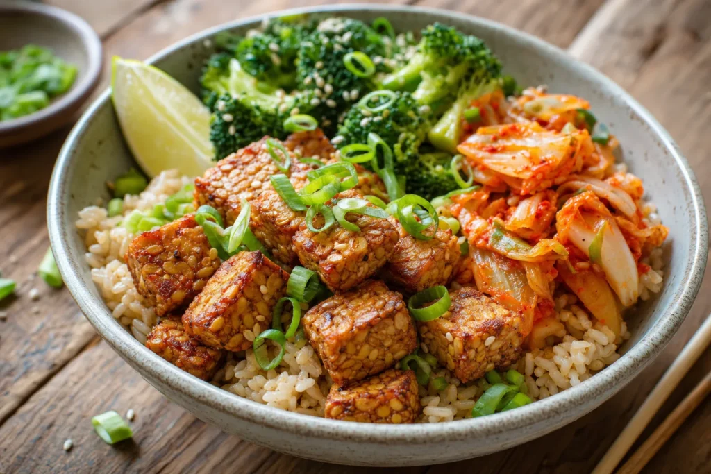 Kimchi-Brokkoli-Reis mit knusprigem Tempeh, Sesam und Frühlingszwiebeln