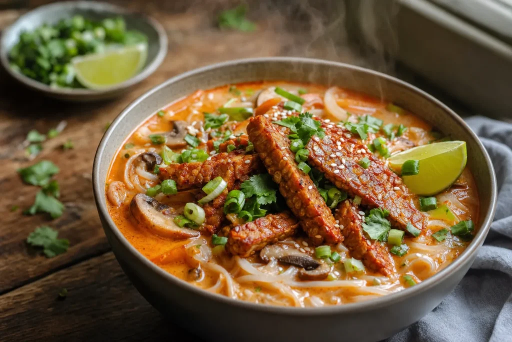 Rote Kokos-Curry-Nudelsuppe mit Reisnudeln, Pilzen und Chili-Tempeh