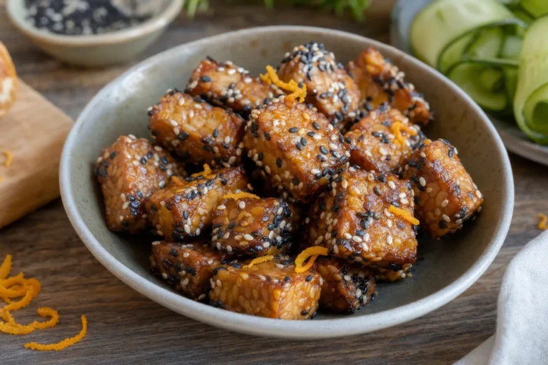 Süße Sesam-Tempeh-Bites mit Miso-Ahorn-Glasur und Orange