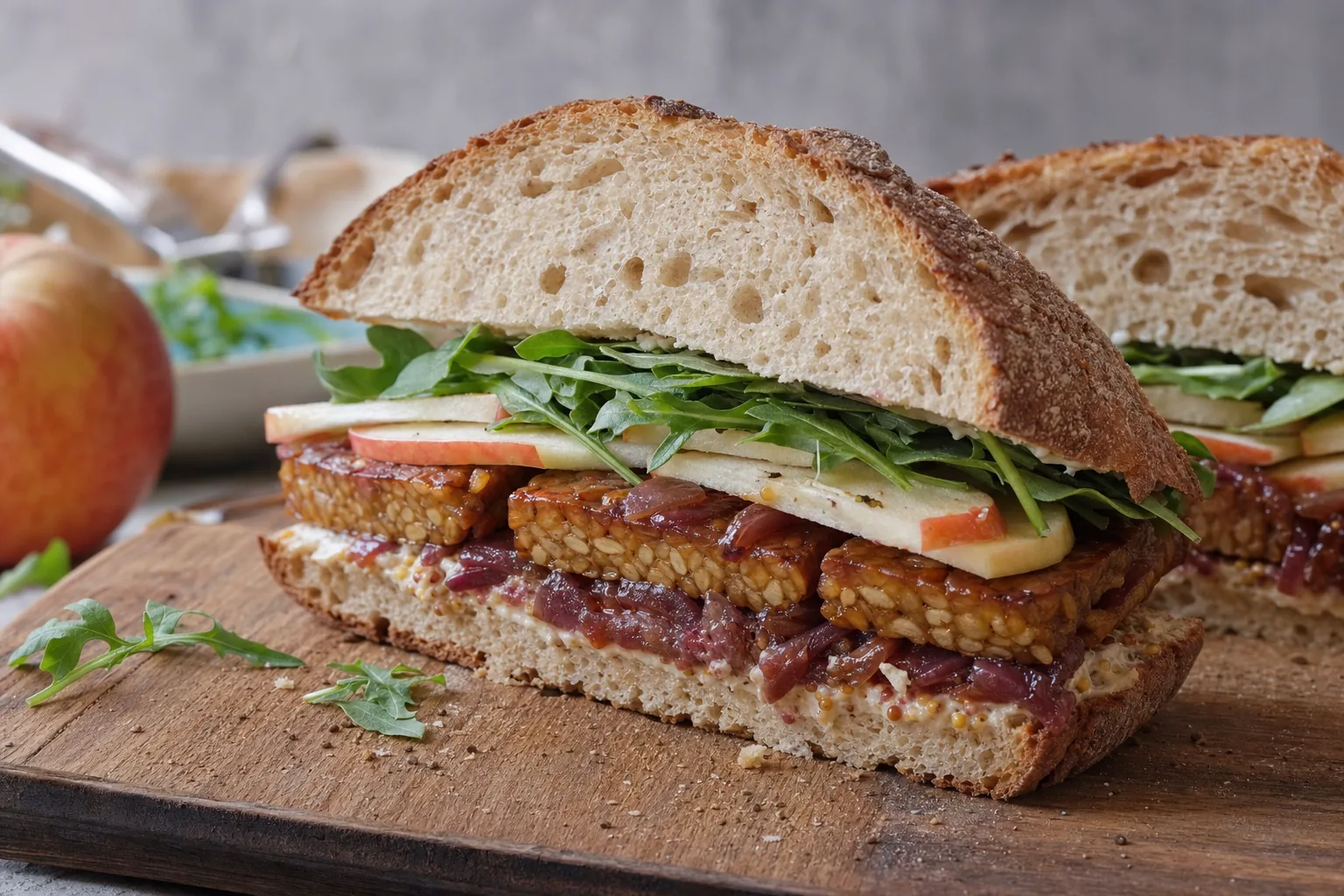 Ahorn-Tempeh-Sandwich mit Feigen-Senf, Apfel und Rucola