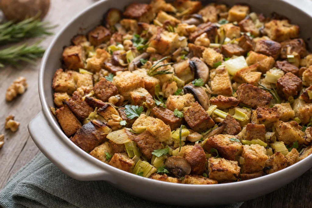 Herzhafte Tempeh-Pilz-Brotfüllung mit knusprigen Brotwürfeln und Kräutern
