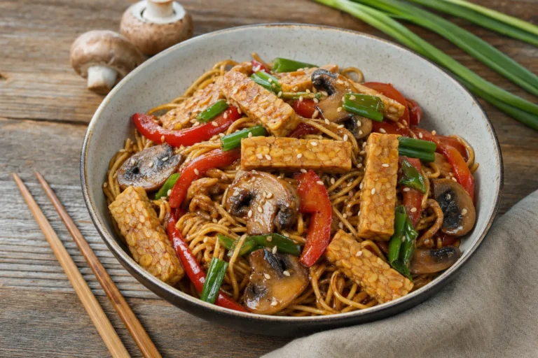 Gebratene Tempeh-Nudeln mit Pilzen, Paprika und Frühlingszwiebeln