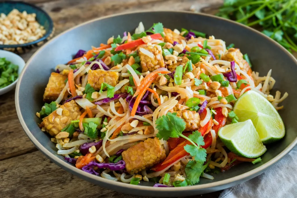 Rainbow Pad Thai mit Limetten-Tempeh, Rotkohl, Karotte und Erdnüssen