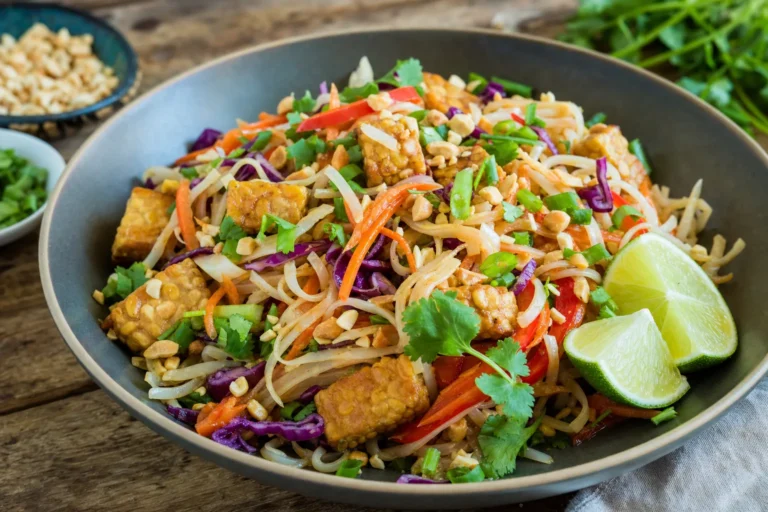 Rainbow Pad Thai mit Limetten-Tempeh, Rotkohl, Karotte und Erdnüssen