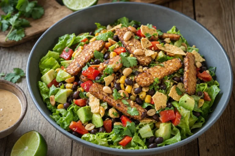 Santa-Fe-Tempeh-Salat mit Mais, Bohnen, Avocado und Limetten-Erdnuss-Dressing