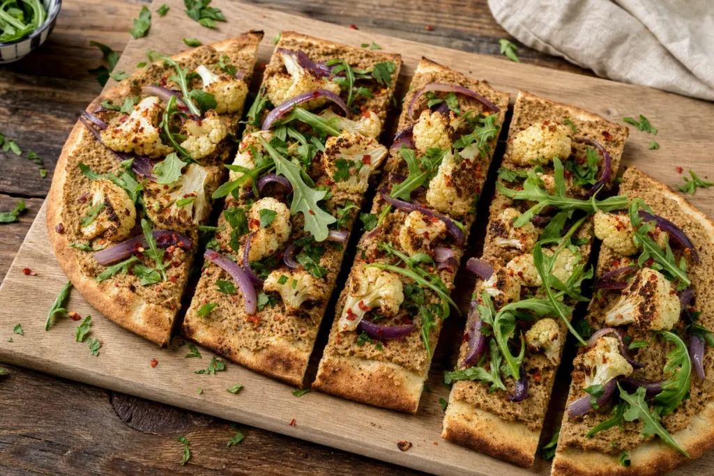 Blumenkohl-Tempeh-Pizza mit Kräuter-Pâté, Rucola und Chili