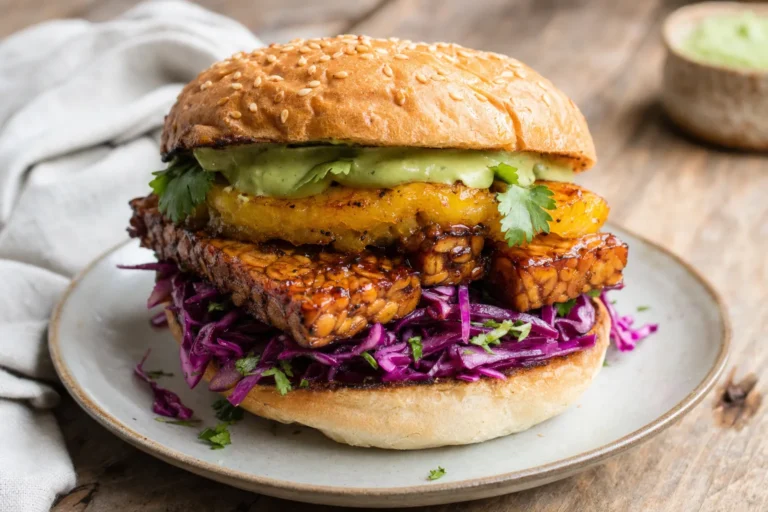 Habanero-Ananas-Tempeh-Burger mit Rotkohl-Slaw und Avocado-Creme