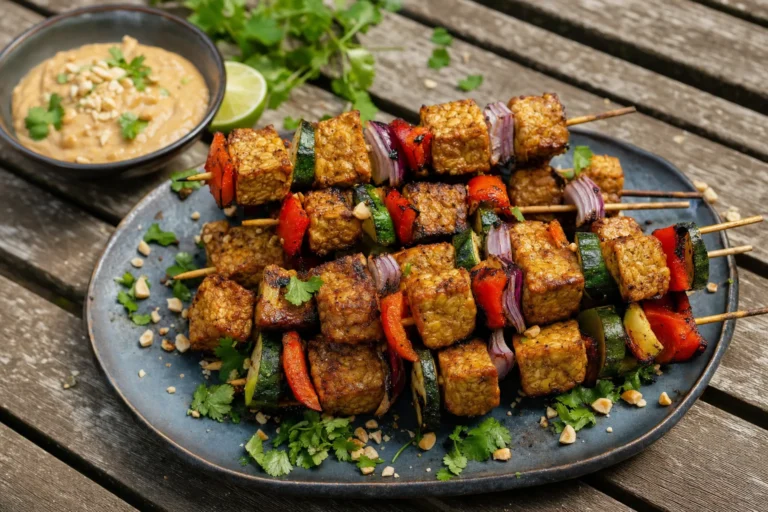 Gegrillte Tempeh-Spieße mit Paprika, Zucchini und cremiger Erdnuss-Marinade