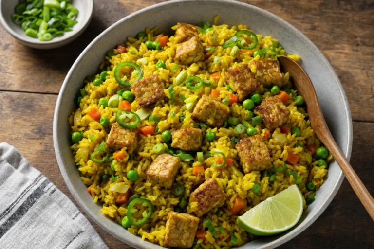 Kurkuma-Tempeh-Reis mit Karotten, Erbsen, Jalapeño und Frühlingszwiebeln