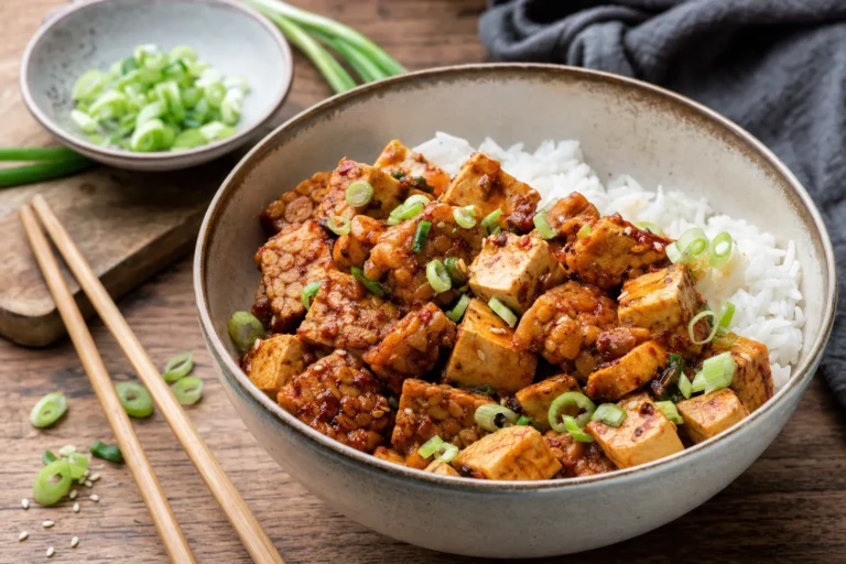 Mapo-Tempeh mit Tofu, Chili-Bohnen-Sauce, Reis und Frühlingszwiebeln
