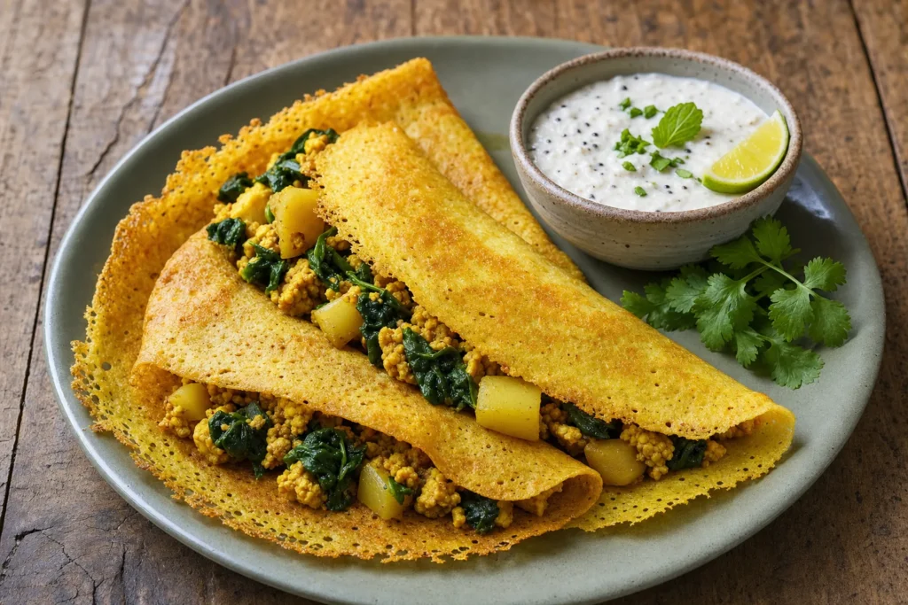 Linsen-Dosas mit Curry-Tempeh, Kartoffeln, Spinat und Kokos-Chutney