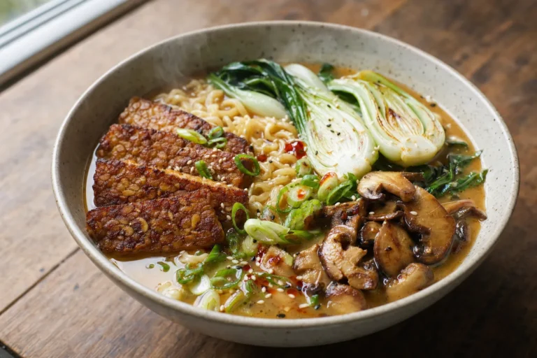 Miso-Ingwer-Tempeh-Ramen mit Pak Choi, Pilzen und Frühlingszwiebeln
