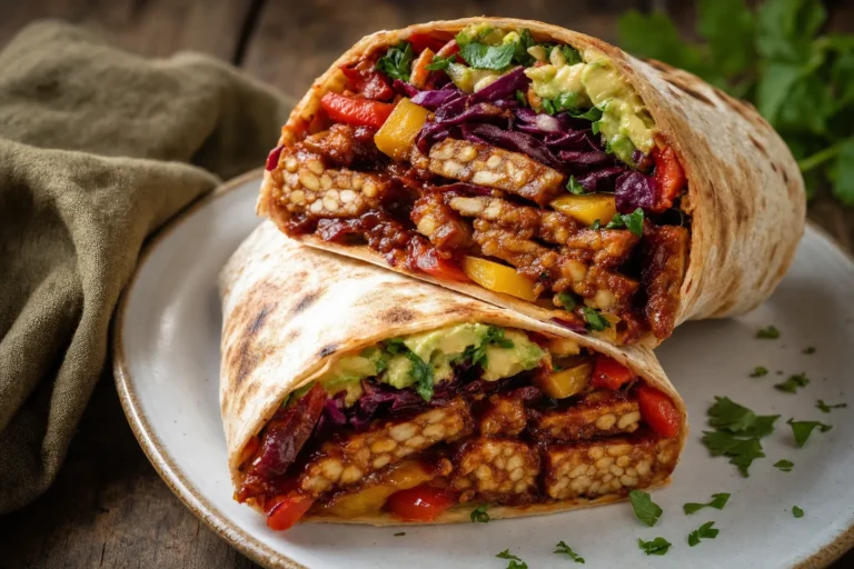 BBQ-Tempeh-Wraps mit Paprika, Rotkohl und Avocado-Slaw