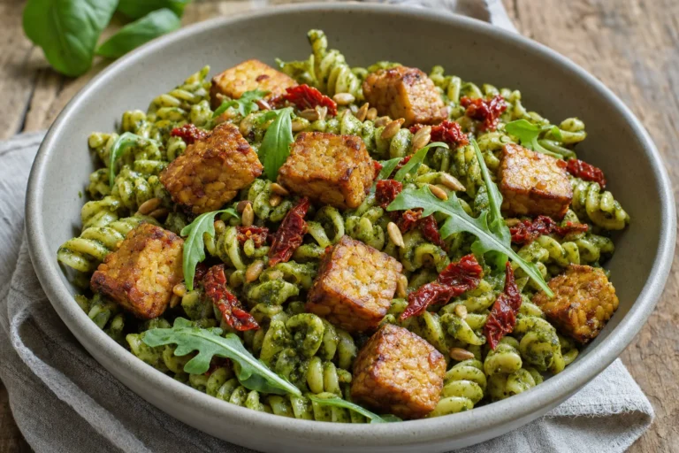 Tempeh-Pasta mit Basilikum-Pesto, sonnengetrockneten Tomaten und Rucola