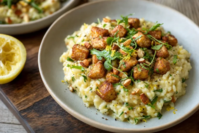 Zitronen-Kräuter-Risotto mit knusprigem Tempeh, Mandeln und Rucola