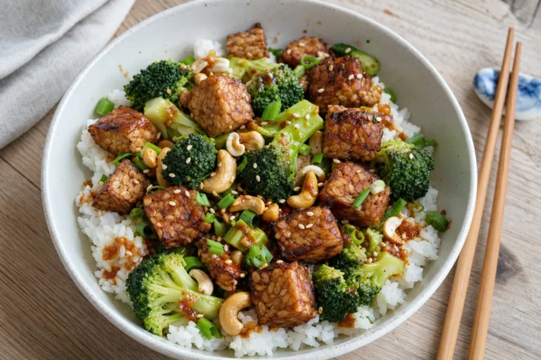 Brokkoli-Cashew-Tempeh mit Reis, Sesam und Ingwer-Pfeffer-Sauce
