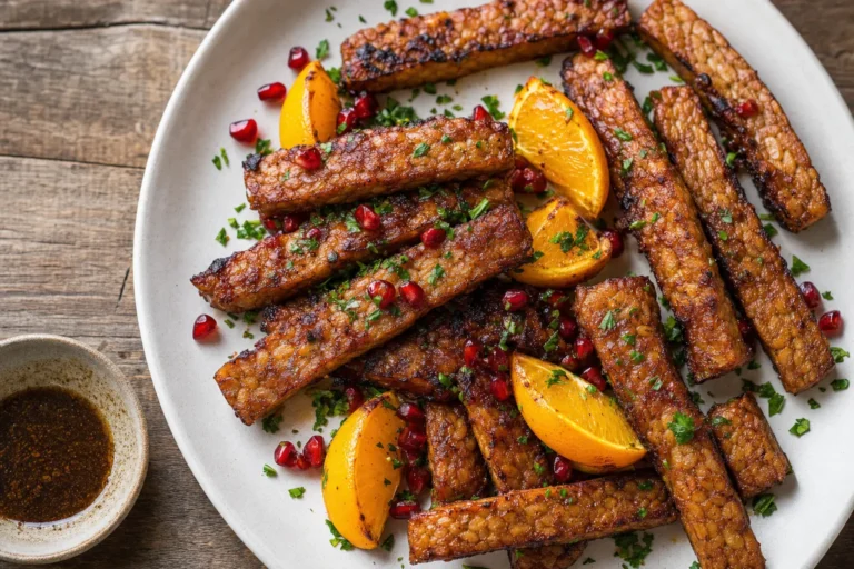 Ofen-Tempeh mit Zitrus-Malz-Marinade, Orange und Granatapfel