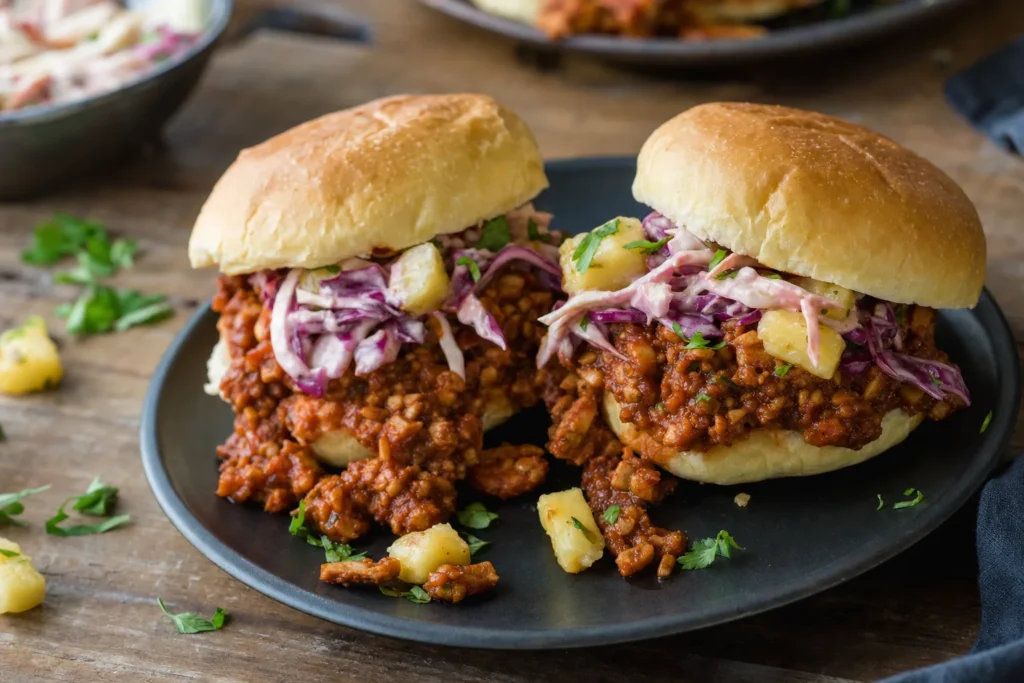 Tempeh-Sloppy-Joes mit rauchiger Sauce und Ananas-Rotkohl-Slaw