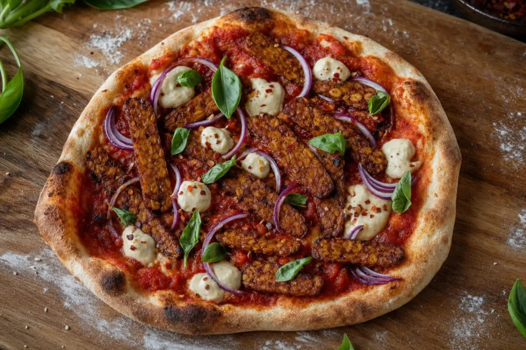 Scharfe Tempeh-Pizza mit Paprika-Tomatensauce, Cashew-Creme und Basilikum
