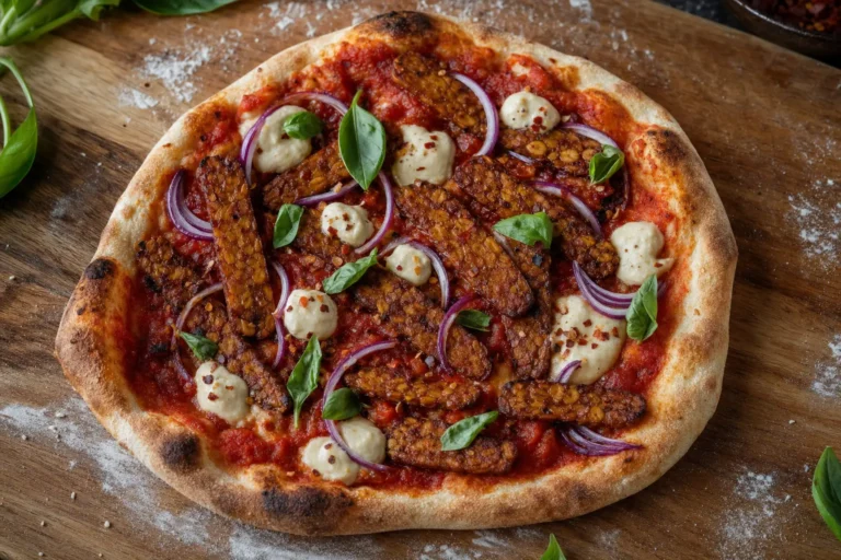 Scharfe Tempeh-Pizza mit Paprika-Tomatensauce, Cashew-Creme und Basilikum