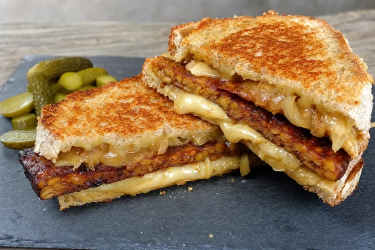 Tempeh-Bacon-Grilled-Cheese mit Apfel-Senf-Zwiebeln und geschmolzenem veganem Käse