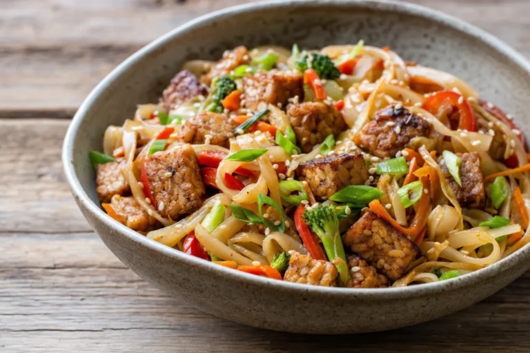 Asia-Tempeh-Pfanne mit Reisnudeln, Gemüse, Sesam und knusprigem Tempeh