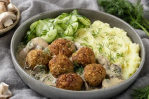 Nordische Tempeh-Bällchen in cremiger Pilz-Dill-Sauce mit Kartoffelpüree