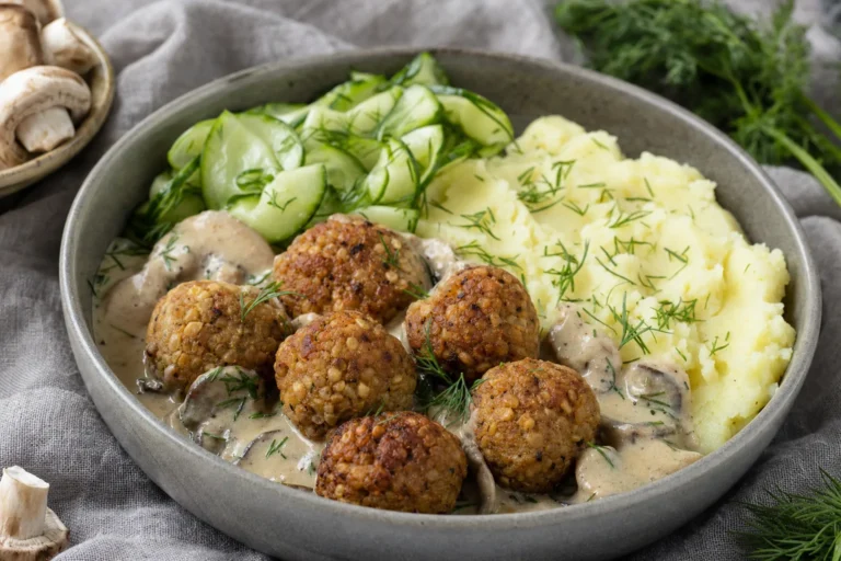 Nordische Tempeh-Bällchen in cremiger Pilz-Dill-Sauce mit Kartoffelpüree