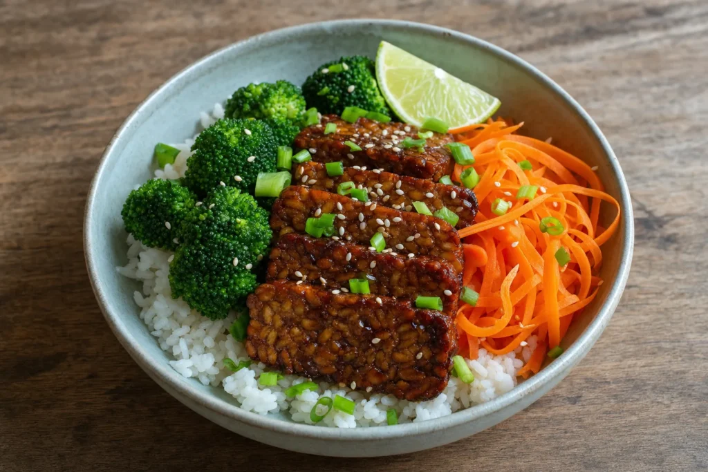 Teriyaki-Tempeh-Bowl mit Brokkoli, Sesamreis, Karotte und Frühlingszwiebeln