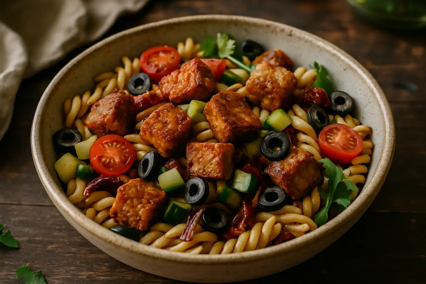 Mediterraner Tempeh-Nudelsalat mit knusprigem Tempeh, Pasta, Tomaten, Oliven und Gurke