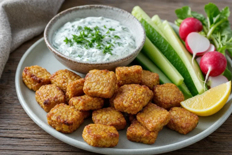 Knusprige Airfryer-Tempeh-Bites mit cremigem Kräuter-Dip