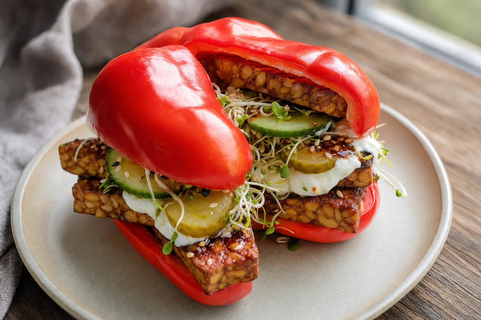 Paprika-Sandwich mit rauchigem Tempeh, Gurke, Sprossen und Chili-Crunch