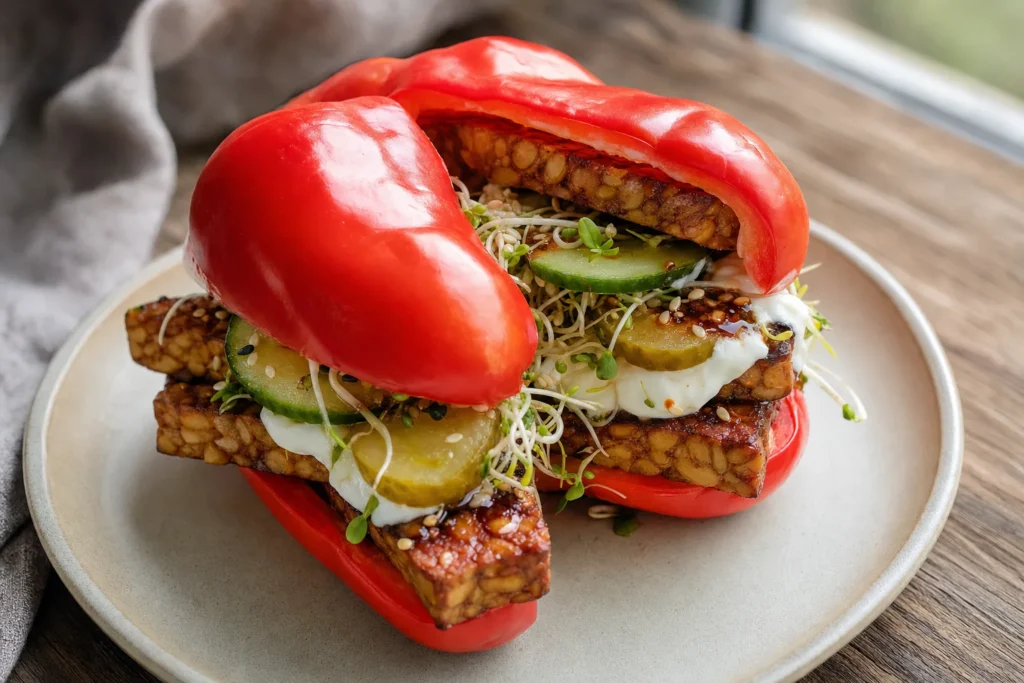 Paprika-Sandwich mit rauchigem Tempeh, Gurke, Sprossen und Chili-Crunch