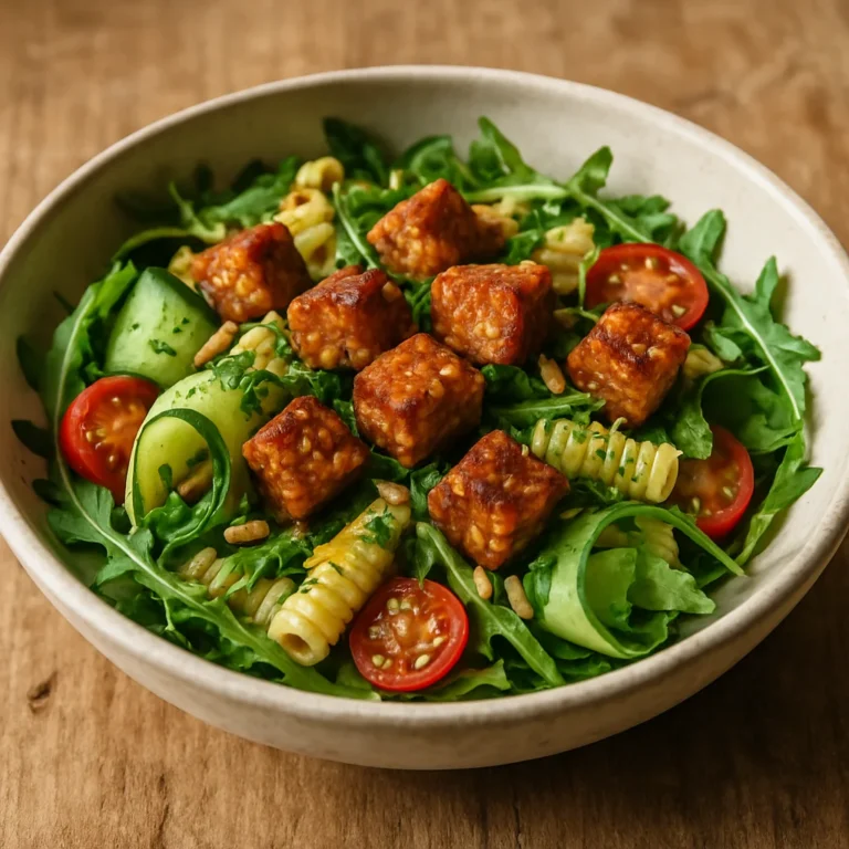 Crispy Tempeh Pasta Salat mit Zitronen-Kräuter-Dressing