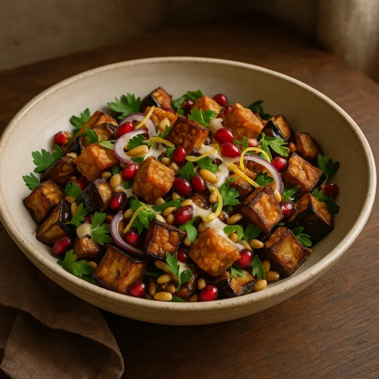 Gerösteter Auberginensalat mit knusprigem Harissa-Tempeh