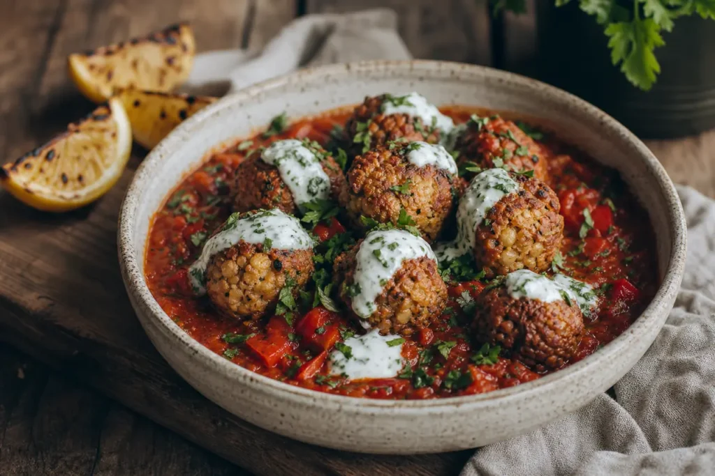 Goldbraune Tempeh-Bällchen in Tomaten-Paprika-Sauce mit Kräuter-Joghurt