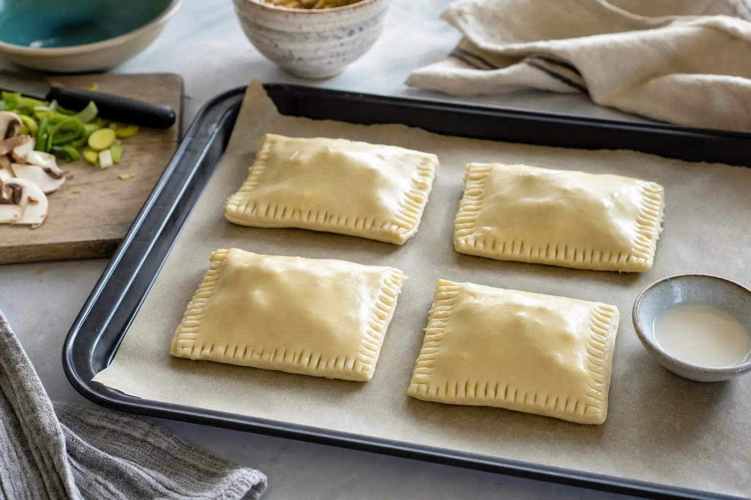 Ungebackene Blätterteig-Taschen mit Tempeh-Füllung auf Backpapier