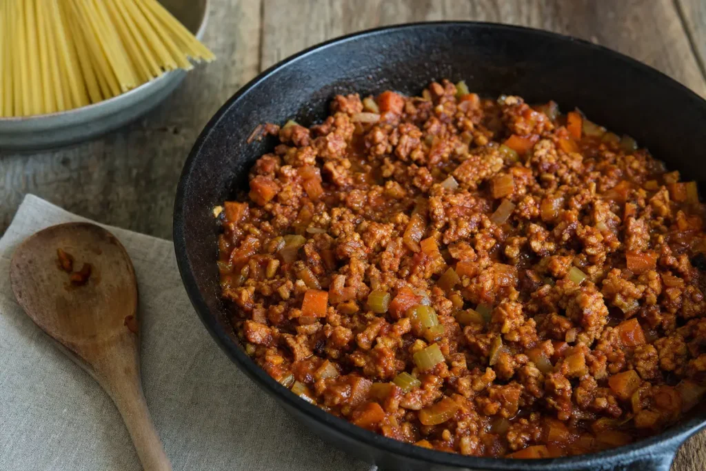 Tempeh-Brösel mit Gemüse und Tomatensauce in einer schwarzen Pfanne