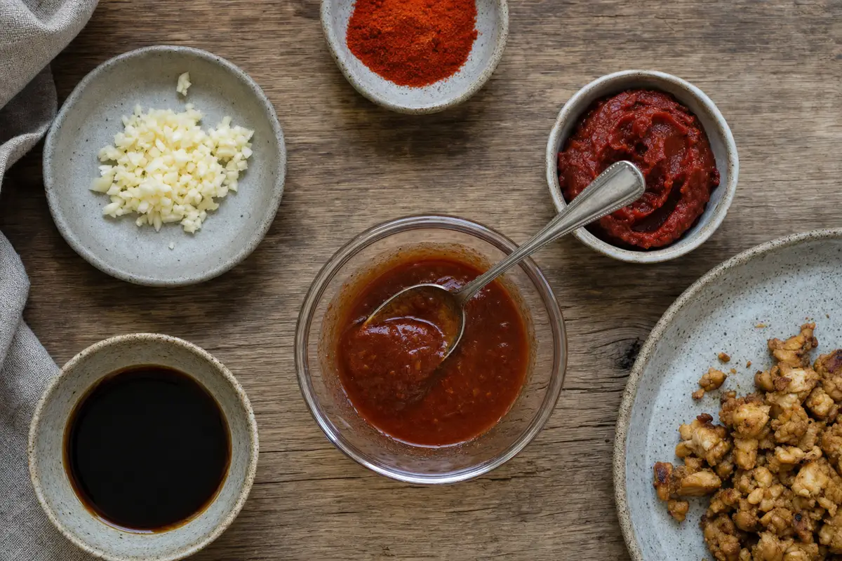 Tomatenmark, Sojasauce, Knoblauch und Paprika als Würzbasis